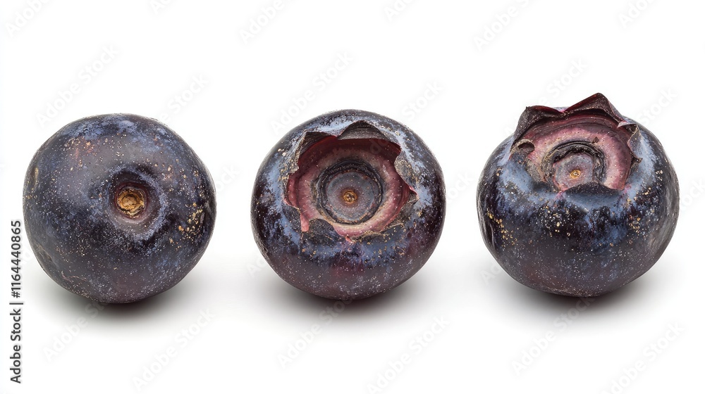 Poster fresh bog blueberries on white surface with three whole fruit and one halved displaying vibrant colo