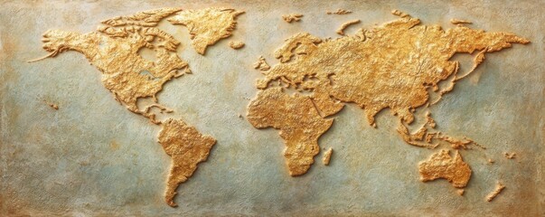 Detailed relief map showcasing the world in textured gold against a subtle blue backdrop, ideal for educational or decorative use.