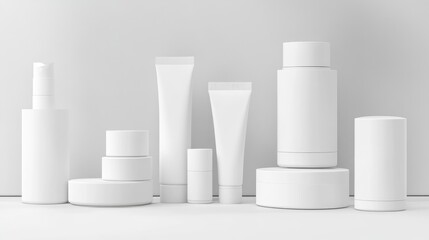 A collection of various white cosmetic containers arranged neatly on a surface.
