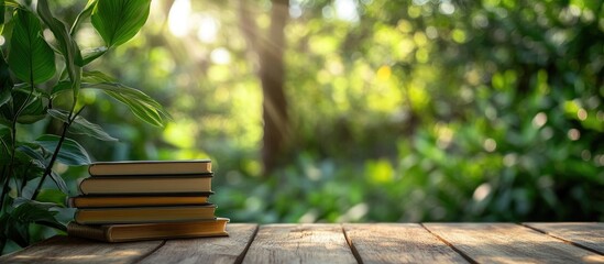 Books neatly stacked on a rustic wooden table surrounded by nature creating a serene and inviting reading environment