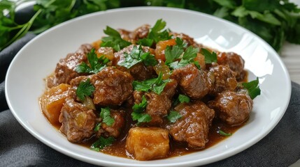 Savory beef dumplings garnished with fresh parsley served on a white plate with a rich flavorful sauce and vegetables in the background