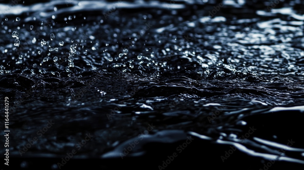 Poster water droplets splashing on dark surface with negative space and low angle perspective in artistic c
