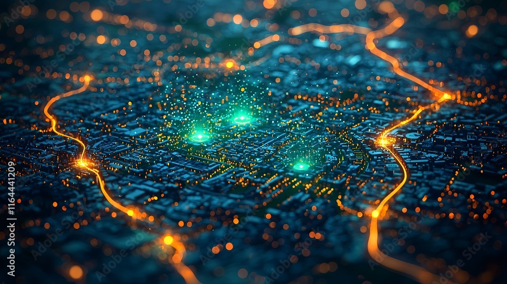 Poster futuristic city network map with quantum data lines connecting key points in neon blue and green hue