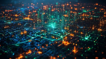 Fototapeta premium Quantum Internet Concept with Interconnected Neon City Network Map