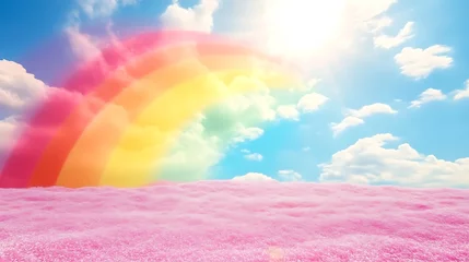 Gardinen Pink field landscape with rainbow and bright sun © Luthfi