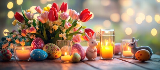 Easter celebration decor with tulips painted eggs candles and playful bunny figures arranged on a bright table creating a festive atmosphere.