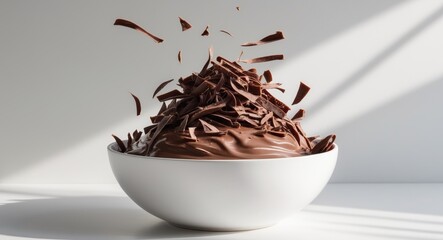 Fototapeta premium A white bowl of chocolate milk with a lot of chocolate on top