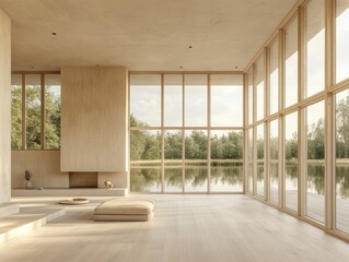 A large room with a fireplace and a view of a lake. The room is empty and has a lot of windows