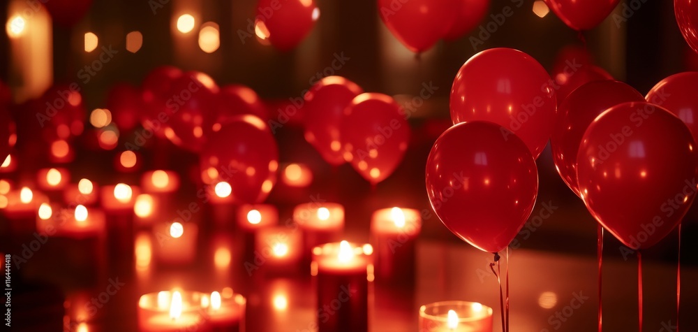 Poster festive red balloons illuminate a romantic setting adorned with flickering candles, creating an ench