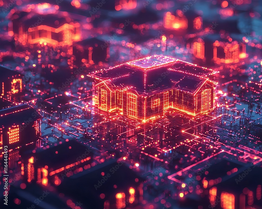 Poster visualized quantum internet connecting secure smart homes with holographic tech network concept desi