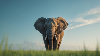 Fototapeta premium Majestic elephant standing in a vast grassland under a clear blue sky in the early morning light.