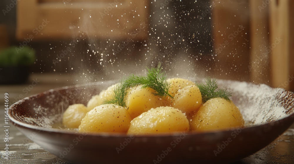 Poster boiled potatoes garnished with fresh dill and seasoning in a rustic bowl on a textured background wi