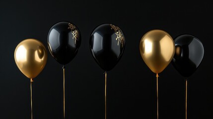 Elegant black and gold balloons on dark background ideal for celebrations and party decorations