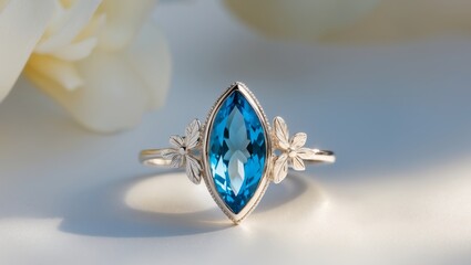 Blue Topaz Marquise Ring Silver Setting Floral Design.