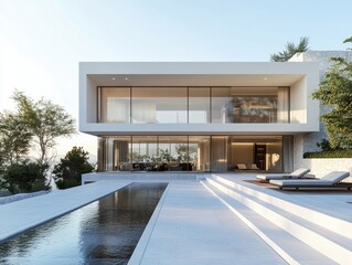 Fototapeta premium A large white house with a pool and a patio. The pool is surrounded by a white walkway