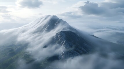 Rolling clouds hanging over a high mountain peak with light rain and fog