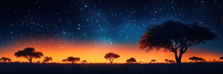 African Savanna Sunset Under Starlit Sky