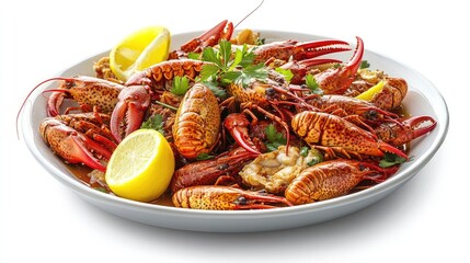 Boiled crawfish platter with lemon and herbs on a white background ready for a delicious seafood feast.