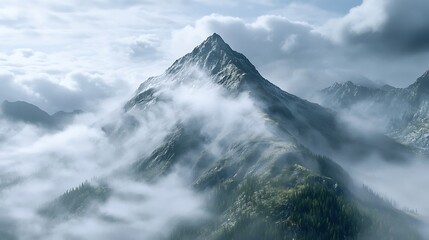 Rolling clouds hanging over a high mountain peak with light rain and fog