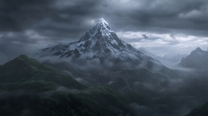 Obraz premium Snow-capped mountain peak shrouded in dark clouds with a drizzle of rain