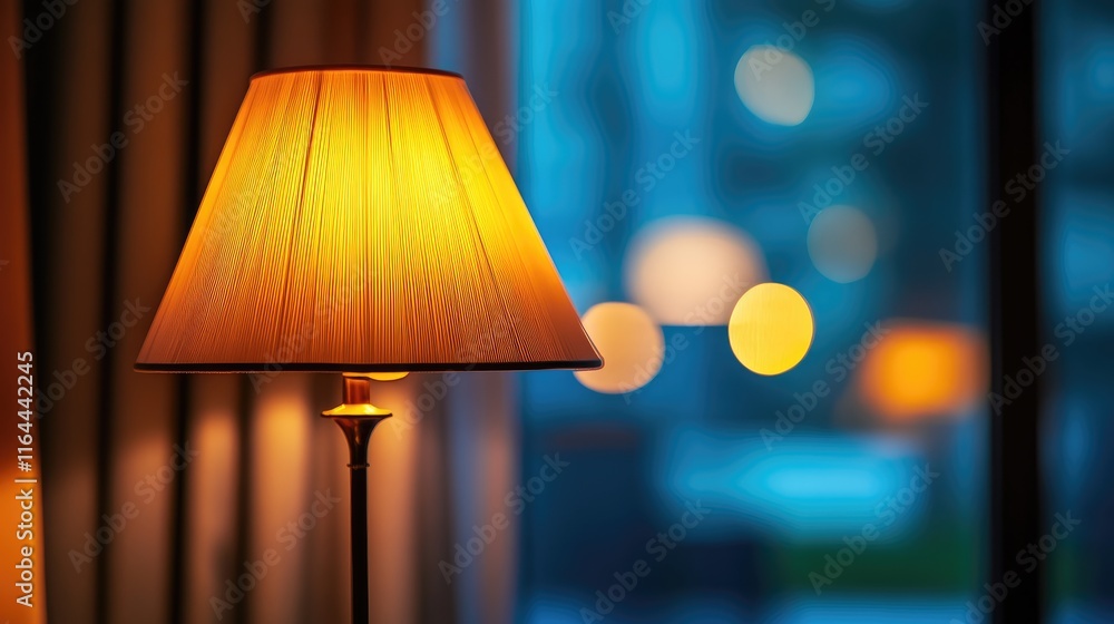 Poster elegant lamp with warm light creating a bokeh effect in a softly blurred indoor setting. ideal for i