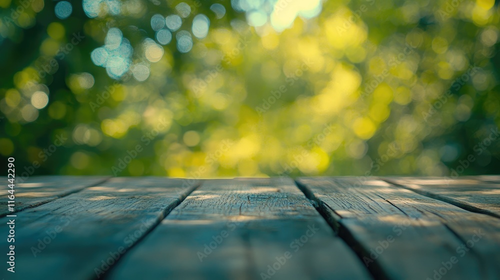 Poster rustic wooden table with bokeh background creating a serene atmosphere for food or product photograp