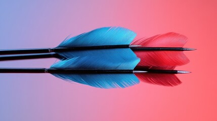 Black arrows with blue and red feathers reflecting on a gradient background showcasing vibrant colors and intricate design details.