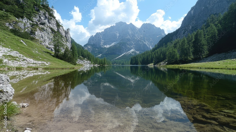 Poster serene mountain lake with reflections of trees and clouds in a tranquil setting