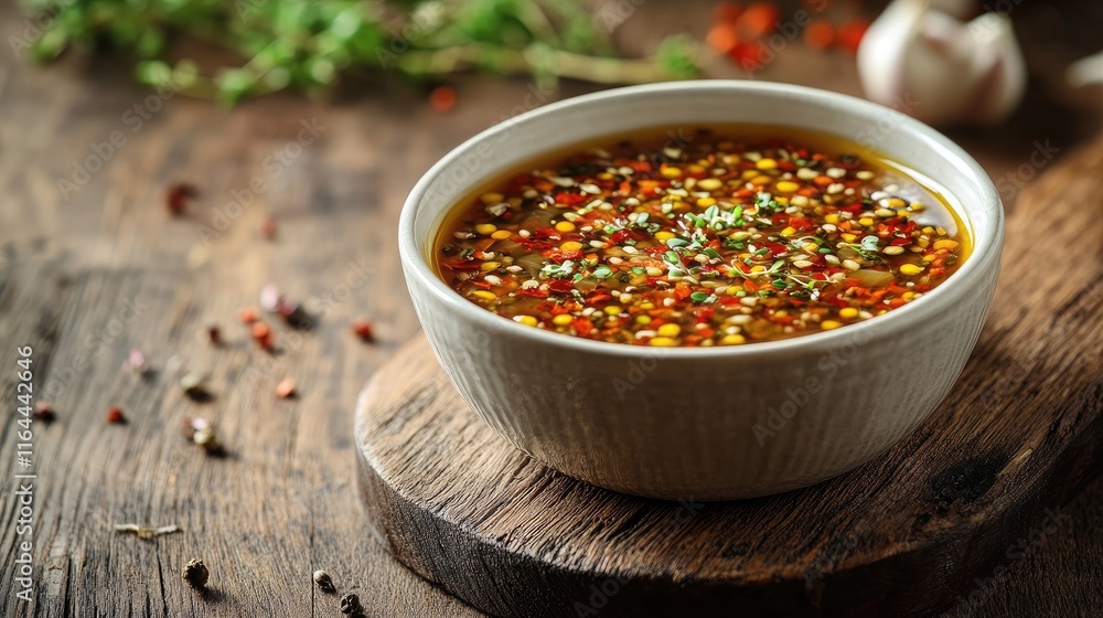 Poster nutritious vegetable soup with colorful sprouts served in a bowl on a rustic wooden board in an invi