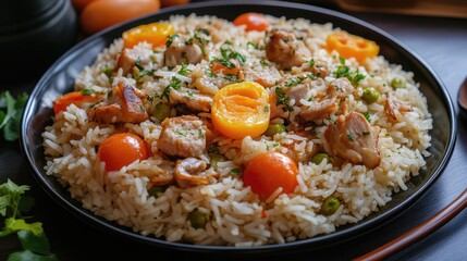 Delicious boiled rice with tender pork pieces and colorful vegetables served in a traditional breakfast bowl.
