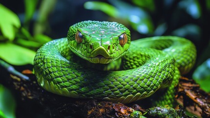 Fototapeta premium Green snake resting on a branch surrounded by lush foliage in a vibrant habitat