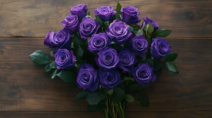 Elegant arrangement of vibrant purple roses on rustic wooden table with ample blank space for text or design elements