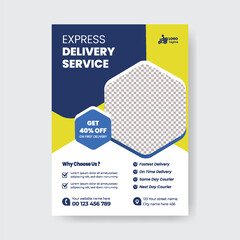 Moving service, Express delivery service editable print flyer or poster template. Fast delivery parcel courier service leaflet brochure cover template design
