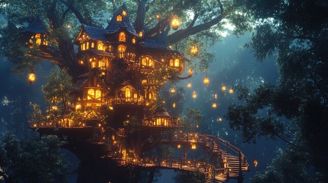 A whimsical treehouse nestled in a lush, enchanted forest, illuminated by a warm glow from numerous lanterns hanging from the branches. The intricate wooden structure features multiple levels, charmin