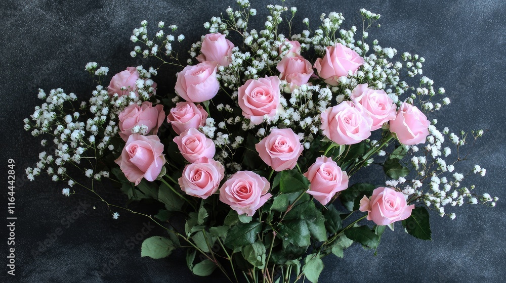 Poster bouquet of soft pink roses and babyâ€™s breath on a chalkboard background with ample empty space for