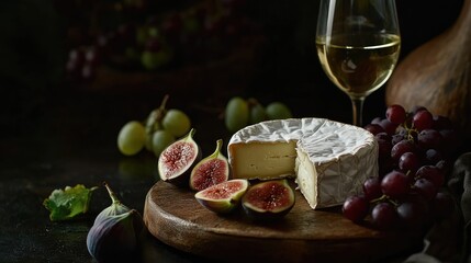 Elegant cheese platter with Camembert figs red grapes and a glass of white wine arranged on a rustic wooden board and dark background
