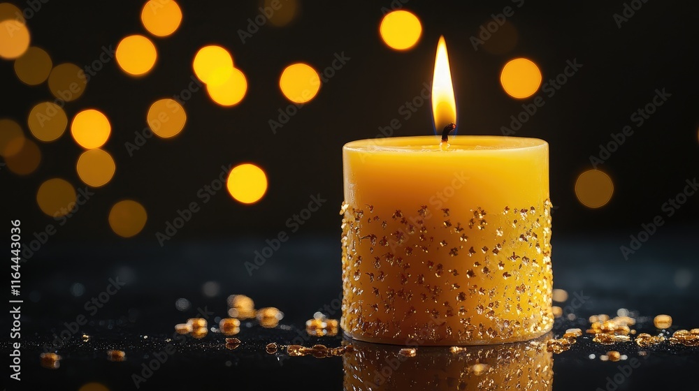 Poster elegant yellow candle glowing against a dark background with golden bokeh lights creating a warm and
