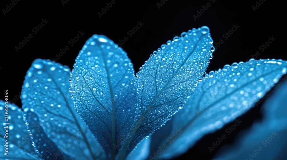 Poster macro shot of blue leaves with dew drops against a black background creating a serene bokeh effect f