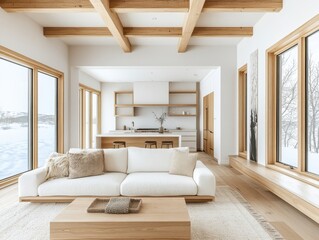 A living room with a white couch and a coffee table. The couch is covered in white pillows