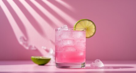 Refreshing Pink Drink with Ice and Lime on Trendy Pink Background