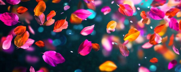Vibrant flower petals swirling in the air, creating a colorful and mesmerizing display against a dark background.