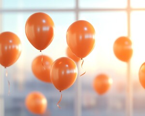 Vibrant orange balloons float elegantly, creating a cheerful and festive atmosphere in a bright space.
