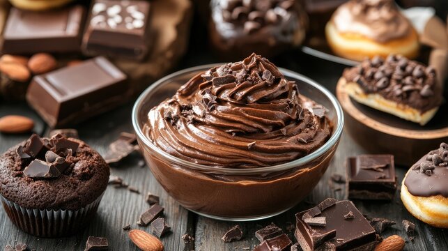 Rich chocolate brownie batter in a glass bowl surrounded by assorted chocolate treats and cupcakes on a rustic wooden table