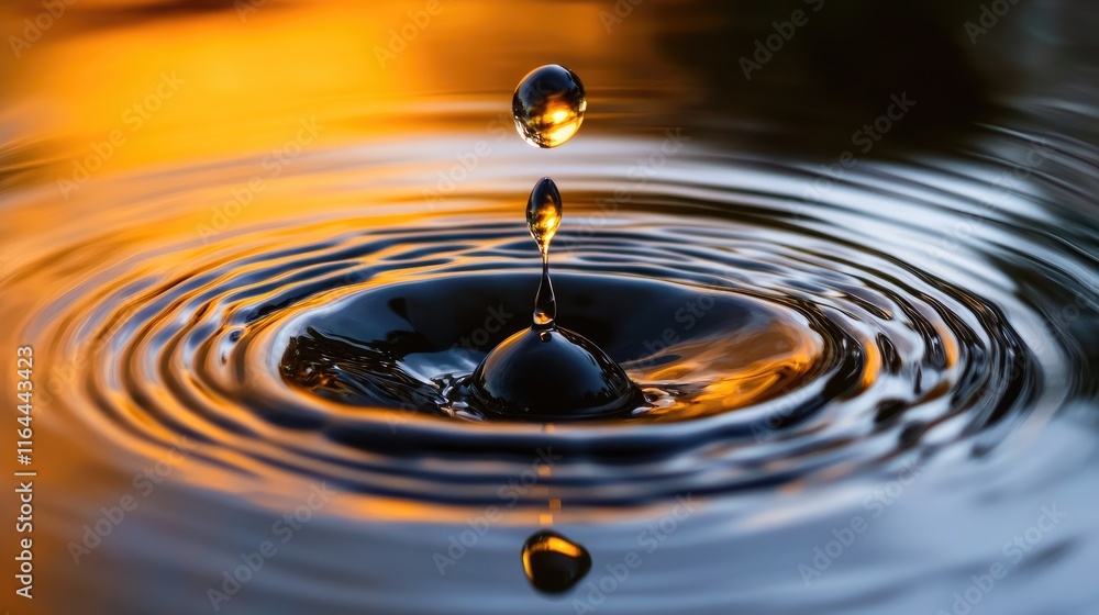 Poster close up of a water droplet creating ripples on a calm surface with warm sunset reflections in a tra