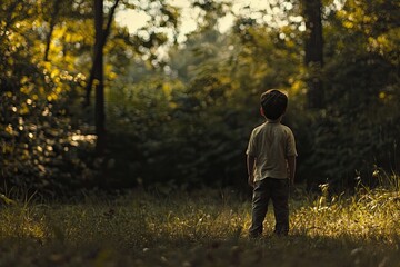 Young Boy Gazing Into A Sunlit Forest