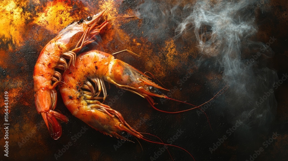 Poster boiled shrimp on a dark textured background with smoke creating a flavorful and appetizing culinary 