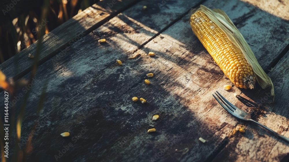 Poster boiled corn cob resting on rustic wooden table with scattered kernels and fork reflecting natural li