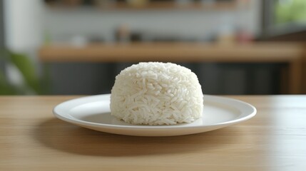Boiled rice served on a white plate placed on a wooden table with a contemporary kitchen background