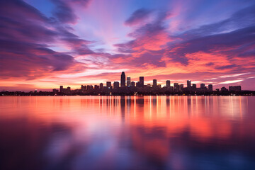 Fototapeta premium Engaging Sunset Skyline Over Tranquil City Waters - FG 500 Stock Photo