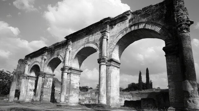 Historic Black and White Architectural Ruins Surrounded by Nature with Dramatic Clouds in a Vintage Style Setting